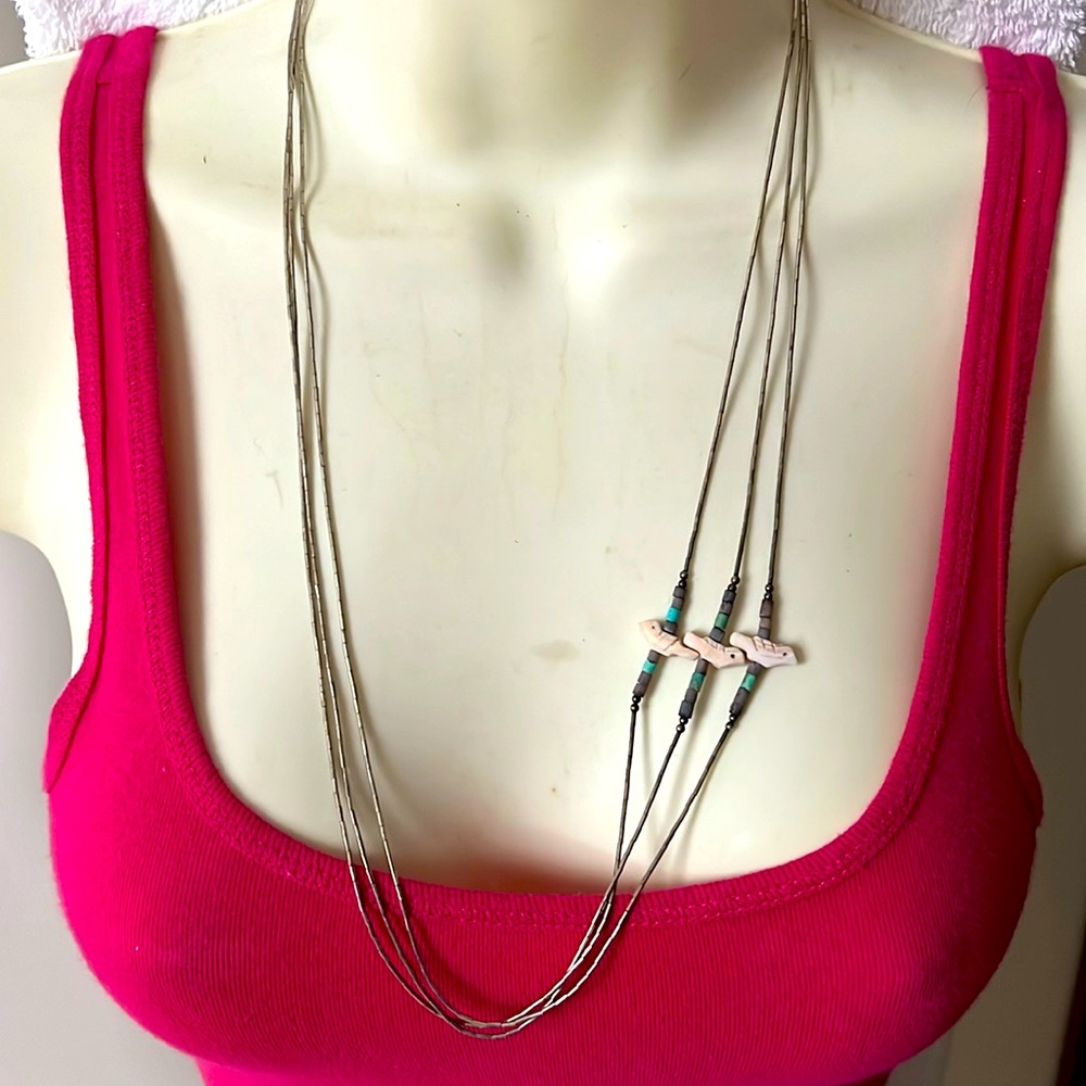 Vintage liquid silver bird fetish asymmetrical 3 strand necklace